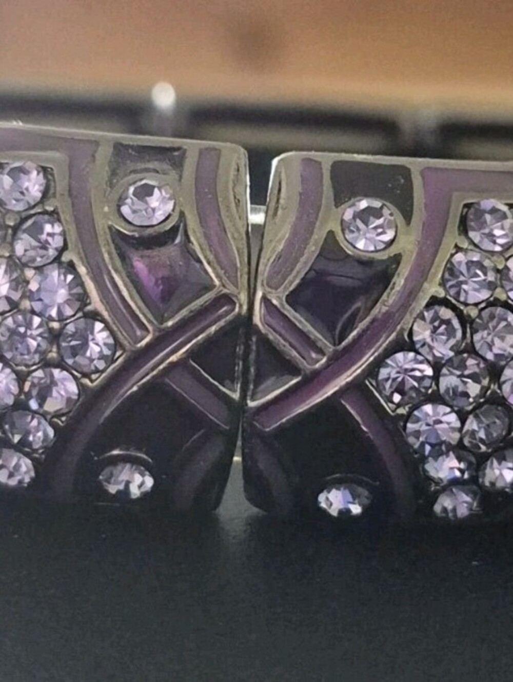Vtg Signed JOAN RIVERS Purple Enamel Pave Crystal Gunmetal stretch Bracelet